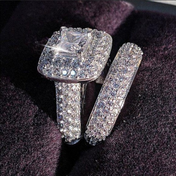 NEW💍925 Sterling Silver 2PC Diamond Halo Ring Set - Picture 10 of 10
